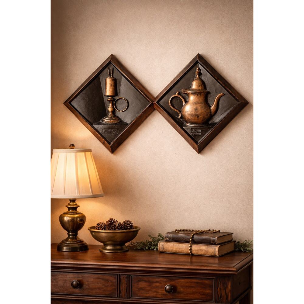 Vintage Bailey & Putnam Colonial Faux Copper Wall Plaques Set of 2 c.1960s